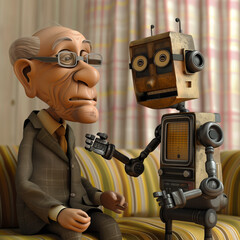 An elderly man engages in a heartfelt conversation with a vintage humanoid robot, highlighting a warm emotional connection between humans and advanced assistive technology in a cozy setting.