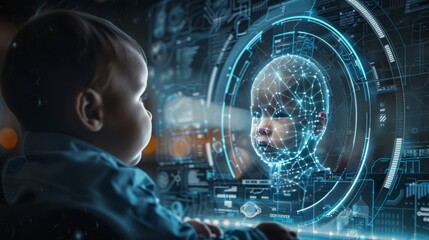 Holographic image of a newborn baby being the centerpiece of a business conference discussion
