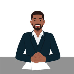 Young black man applicant or candidate during job interview by recruiter. Flat vector illustration isolated on white background