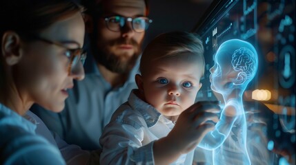 Executives using a holographic display of a newborn baby in a strategic planning meeting