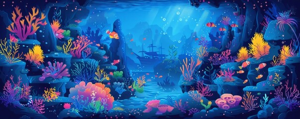 A mystical underwater kingdom with vibrant coral reefs, exotic marine life, and sunken shipwrecks.   illustration.