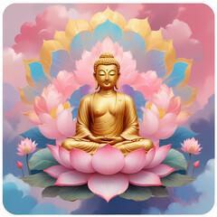 A golden Buddha statue sitting in pink lotus, meditation, spiritual awakening, illustration wallpaper 