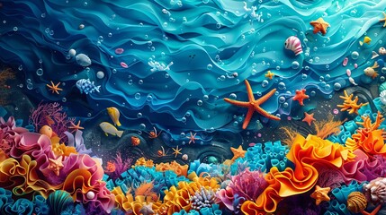 Sea creatures surrounded by plastic debris, illustration, vibrant colors, atmospheric