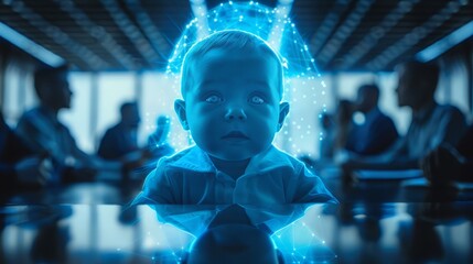Holographic newborn baby projected in the middle of a round table surrounded by business professionals