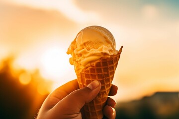 Ai-generated illustration of a person's hand holding a delicious vanilla ice cream in a cone