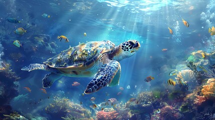 Obraz premium Sea turtles and fish in a plastic ocean, digital painting, soft hues, realistic
