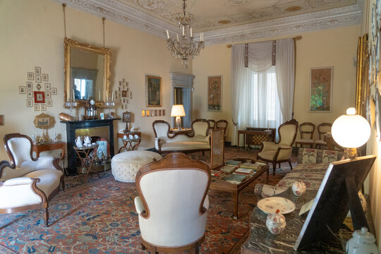 Oria Valsoda, Como, Italy - April 25, 2024: view of the interiors of villa Fogazzaro Roi, in particular the Siberia Living Room.