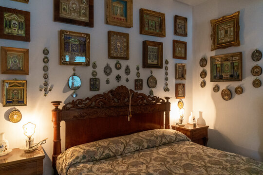Oria Valsoda, Como, Italy - April 25, 2024: view of the interiors of villa Fogazzaro Roi, in particular the bedroom of Antonio Fogazzaro.