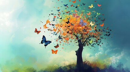 Leaves of tree turning into butterflies - power of letting go and embracing change , beautiful meaningful art