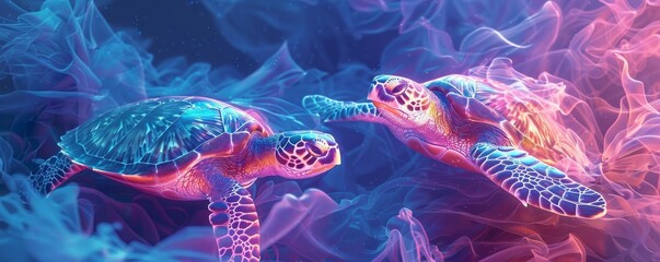 Sea turtles surrounded by floating plastic, illustration, vibrant hues, intricate
