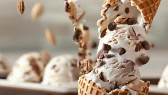 Ice Cream Scoops Sprinkled with Chocolate Chips, A Delicious Treat in Vibrant Colors