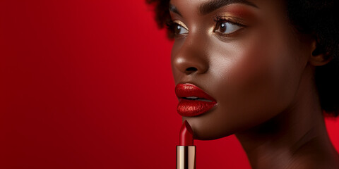 Closeup of a woman wearing red lipstick, set against a red background. This high-end advertisement exudes luxury and sophistication, perfect for beauty advertising or magazine photography.