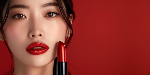 Closeup of a woman wearing red lipstick, set against a red background. This high-end advertisement exudes luxury and sophistication, perfect for beauty advertising or magazine photography.
