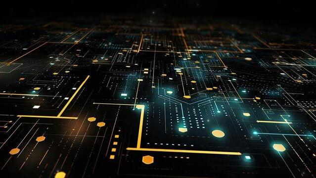 Abstract technology graphic using binary code, flowcharts, hexagonal line. Futuristic background tech animation. Artificial intelligence digital technologies. Future Technology. Technological timeline