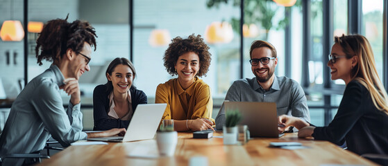 Happy business team working together in a conference room, with the leader smiling and laughing during a meeting at the office table. Suitable for illustrating teamwork and collaboration in corporate 
