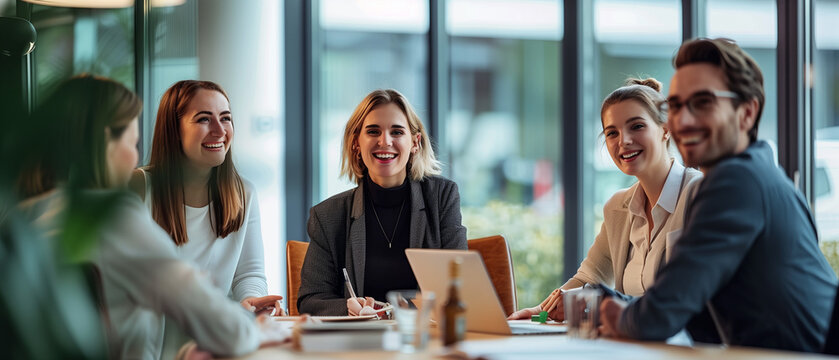 Happy business team working together in a conference room, with the leader smiling and laughing during a meeting at the office table. Suitable for illustrating teamwork and collaboration in corporate 