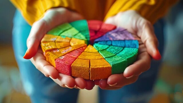 A hands crafting a pie chart out of physical materials, showing creative presentation of data.