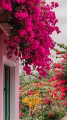 Fototapeta premium Pink wall covered with magenta bougainvillea flowers floral background typical mediterranian street exterior botanical garden scenic image of flowering orchard in spring time beauty of earth