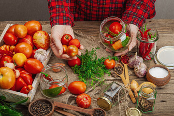 Preserved season vegetable concept. Harvest of tomato, chili, greens, onion and garlic