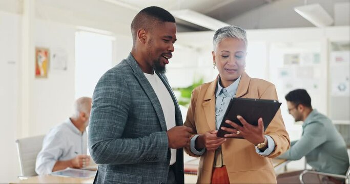 Teamwork, tablet or business people in office meeting for help, support or advice, questions or solution. Digital, planning or mature woman with design mentor for guide on creative agency process
