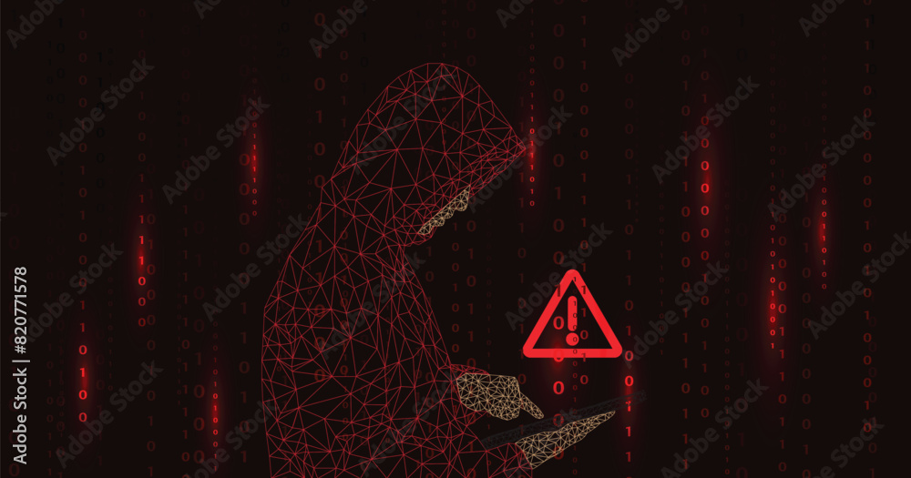 Aufkleber Hacking Concept. Hacker stealing information in mobile. Computer criminal uses malware on phone to hack on black background.