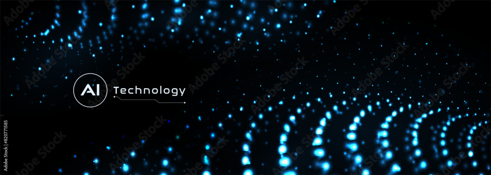 Poster Vector abstract digital particle dot waves in dark blue color isolated on black background. Big Data and AI technology hi-tech particles wire network concept. Futuristic artificial intelligence banner