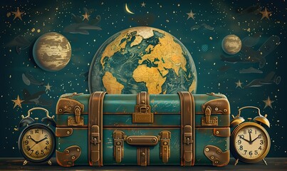Travel banner, suitcase, clock and more
