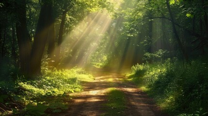Obraz premium A serene forest path with sunlight filtering through the trees, creating a peaceful and inviting atmosphere