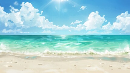 Fototapeta premium A summer beach background with clear turquoise water, white sand, and a bright, sunny sky