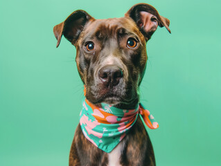 Portrait of a brindle dog wearing a colorful bandana against a green background, looking straight at the camera.