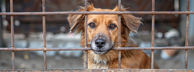 close-up of a dog in a cage. Selective focus