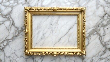 Gold Frame on Marble Background: An elegant gold frame placed on a luxurious white marble background, suitable for high-end designs and artwork.
