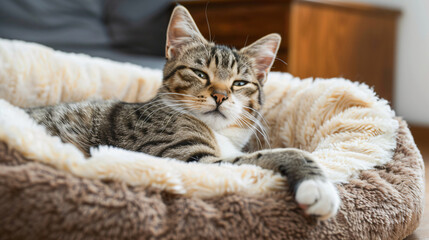 Funny striped cat relaxing in pet bed