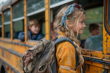 Children are boarding the school bus to go to school