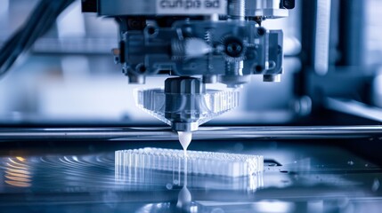 A close-up of a 3D printer nozzle depositing polymer layers