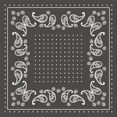 Print for kerchief, bandana, scarf, handkerchief, shawl, neck scarf. Squared pattern with ornament for fabric, textile, silk products. Paisley vector with abstract flowers. Floral folk tracery