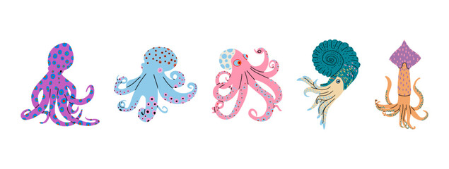 Set of different types of octopuses. Sea creatures. Trendy vector illustration.