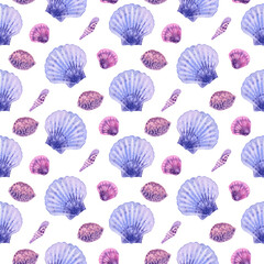 Marine seamless pattern animals, plants, seashell, mollusk, shells. Watercolor illustration Underwater background On white. Summer vibes, Sea bottom. For fabric, wrapping paper, wallpaper print decor