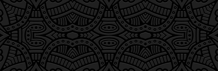Banner, ethnic cover design. Relief geometric vintage exotic 3D pattern on a black background. Ornaments, arabesques, handmade. Tribal motifs of the East, Asia, India, Mexico, Aztec, Peru.