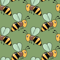 Seamless pattern with bees on color background. Small wasp. Vector illustration. Adorable cartoon character. Template design for invitation, cards, textile, fabric. Doodle style