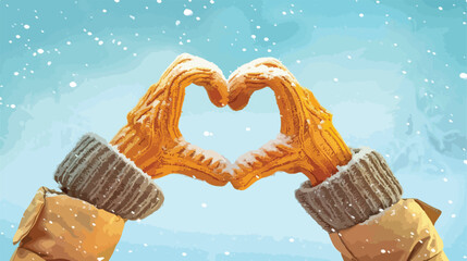 Hands in warm gloves making heart on blue background