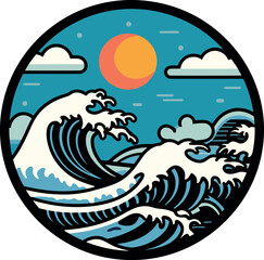 Round frame with a blue wave pattern.