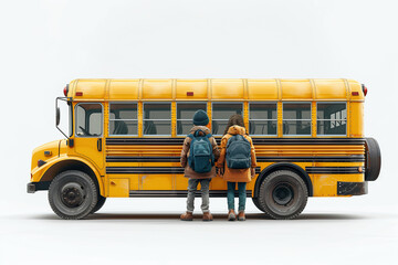 Little kids boy and girl ride school bus and go to school with isolated on white background