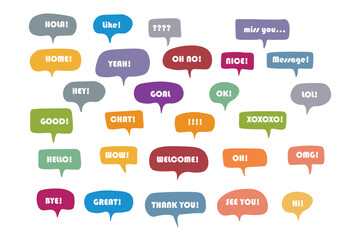 Set of color speech bubbles Short Phrases. Cartoon Vector illustration. Isolated on transparent white background. Hand draw style, dialog clouds