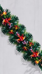 Tropical flowers and leaves on white background