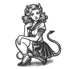 devil pin-up woman seated in a playful pose, featuring stylized horns and a tail sketch engraving generative ai fictional character raster illustration. Scratch board imitation. Black and white image.