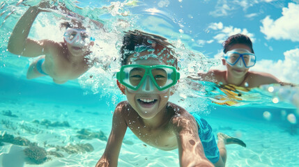 Fototapeta premium Three smiling children are snorkeling in clear blue tropical waters, exploring underwater marine life on a sunny day. They wear colorful snorkel masks and swim towards the camera with excitement