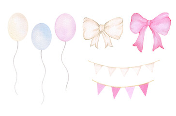 Large watercolor holiday set isolated on white background. Balloons, garland with flags, bows. Cute collection with white and pink flowers. Theme of holiday, party, birthday, girly style.