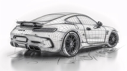 Fototapeta premium Blueprint sketch of a sports car, showcasing detailed design and technical aspects in black tones