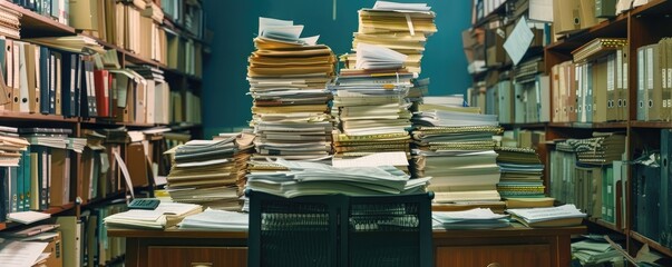 Overwhelmed Office Desk with Numerous Files and Papers